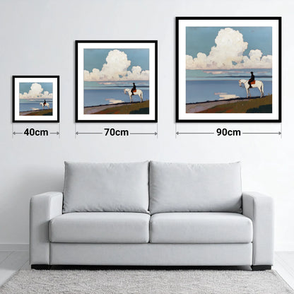 Coastal Contemplation - size guide showing 40cm, 70cm and 90cm art prints
