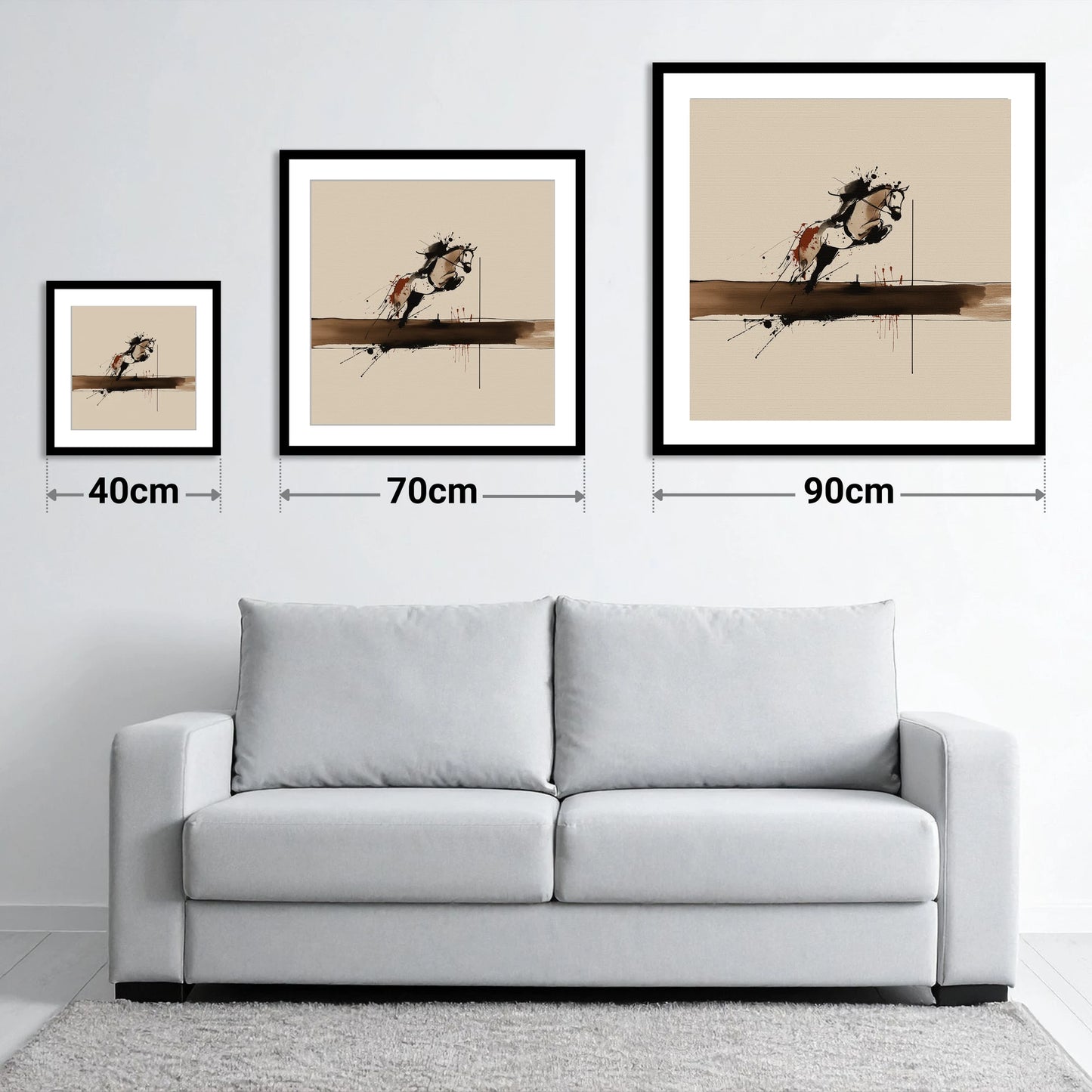 Moment of Suspension - size guide showing 40cm, 70cm and 90cm art prints