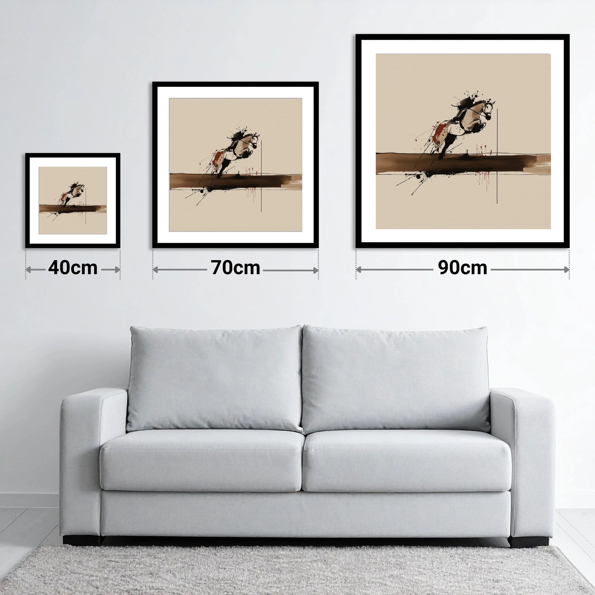 Moment of Suspension - size guide showing 40cm, 70cm and 90cm art prints