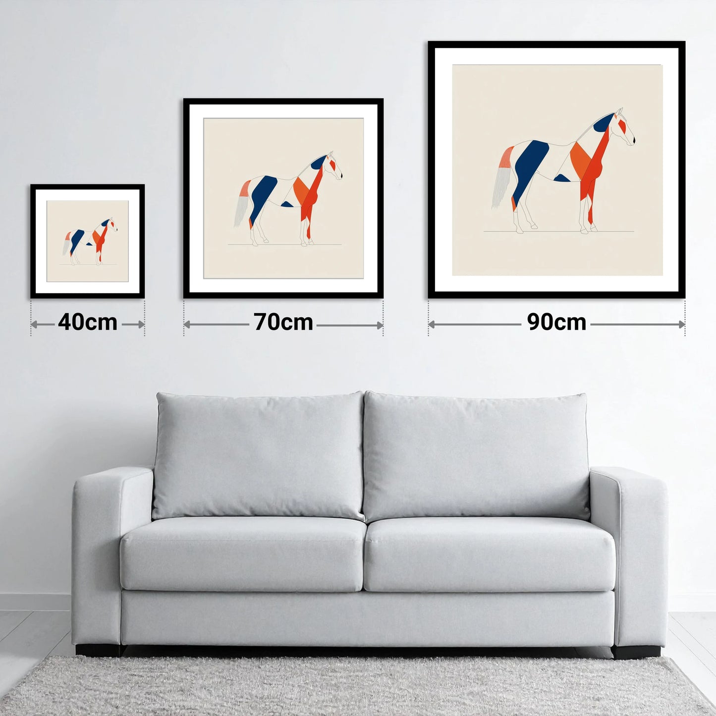 Bold Equine Profile - size guide showing 40cm, 70cm and 90cm art prints
