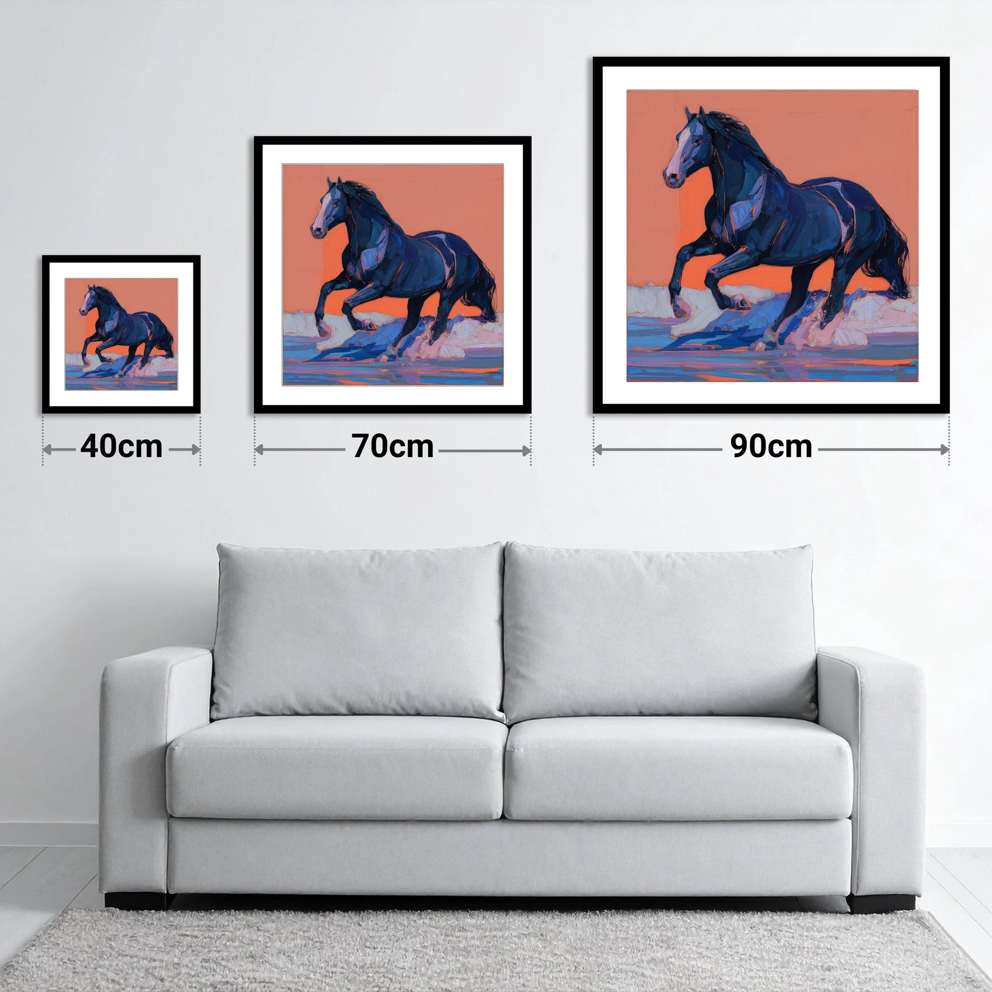 Indigo Surf Canter - size guide showing 40cm, 70cm and 90cm art prints
