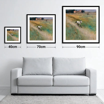 Morning Canter across the Lowlands - size guide showing 40cm, 70cm and 90cm art prints