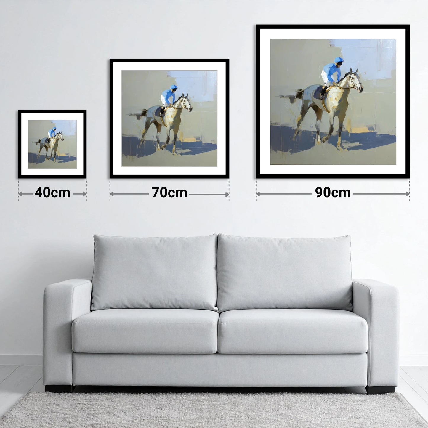 Blue Silks and Shadows - size guide showing 40cm, 70cm and 90cm art prints
