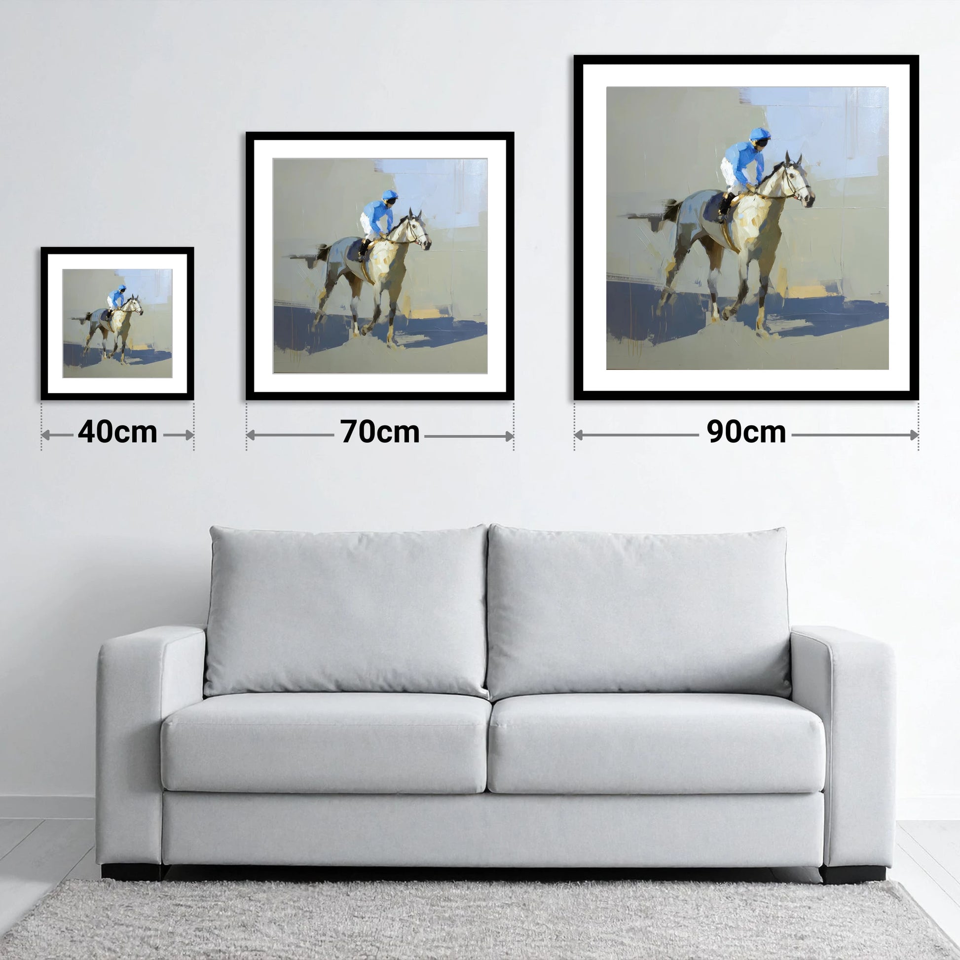 Blue Silks and Shadows - size guide showing 40cm, 70cm and 90cm art prints