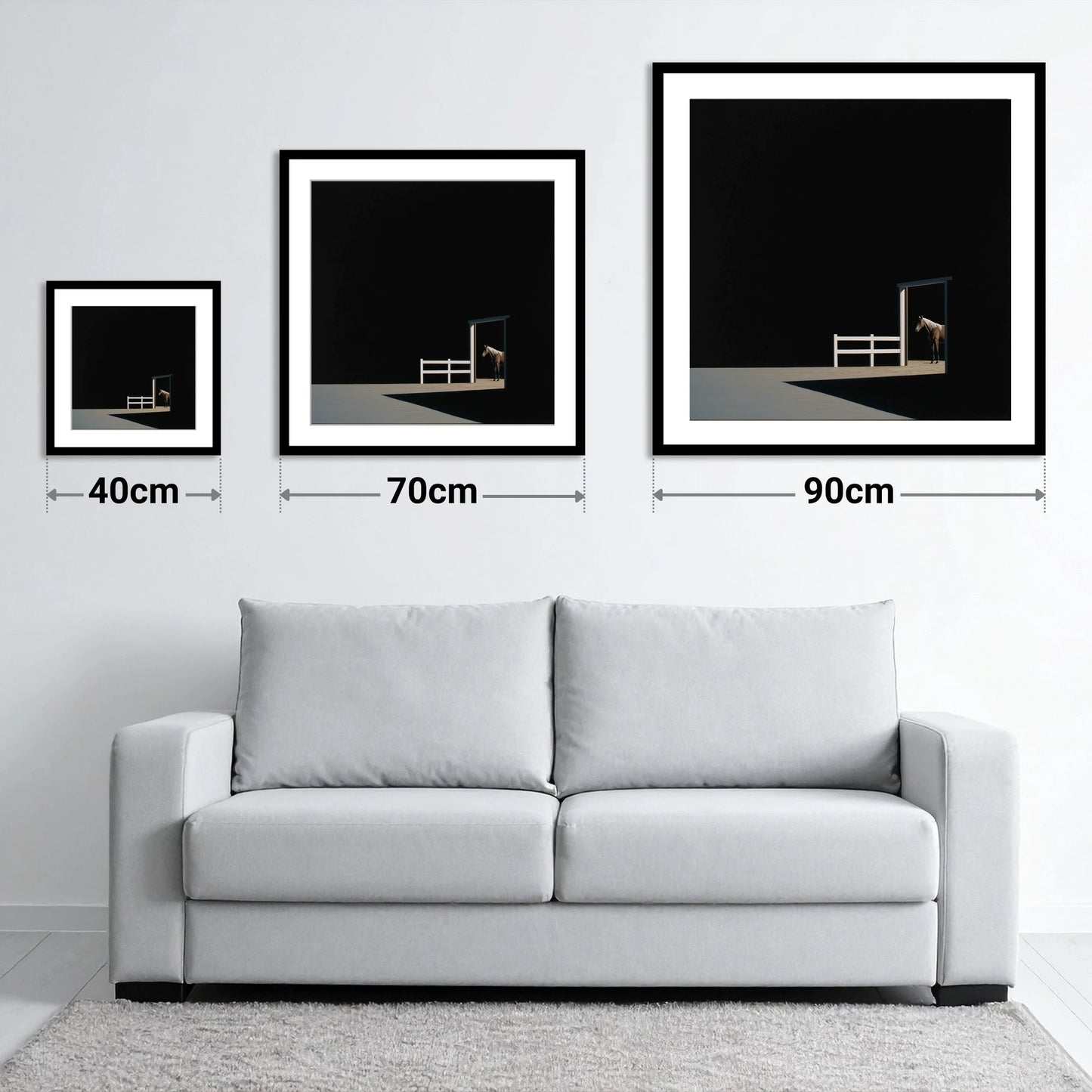 Morning Shadows - size guide showing 40cm, 70cm and 90cm art prints