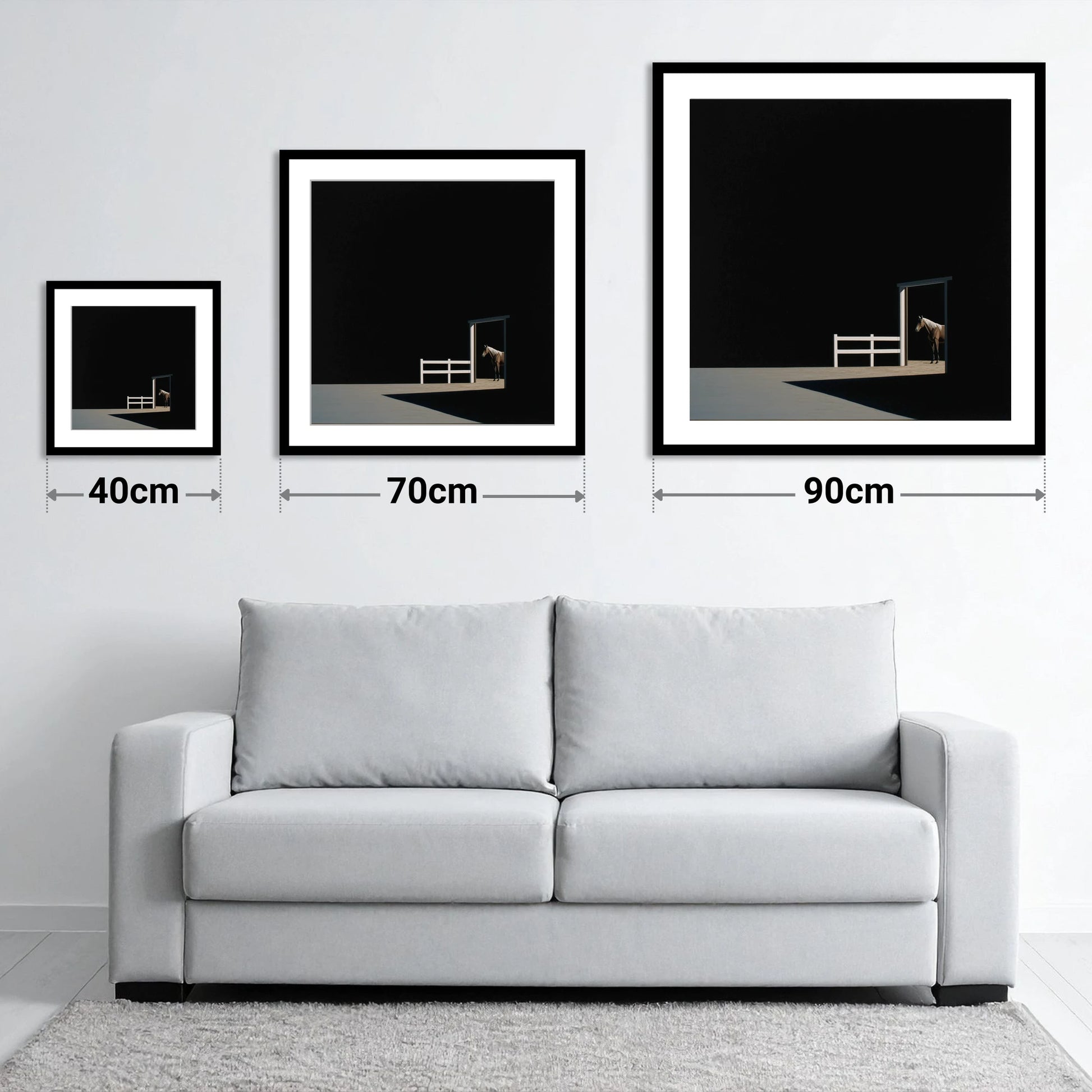 Morning Shadows - size guide showing 40cm, 70cm and 90cm art prints