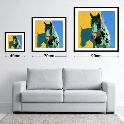 Spotted Horse with Teal Shadow - size guide showing 40cm, 70cm and 90cm art prints