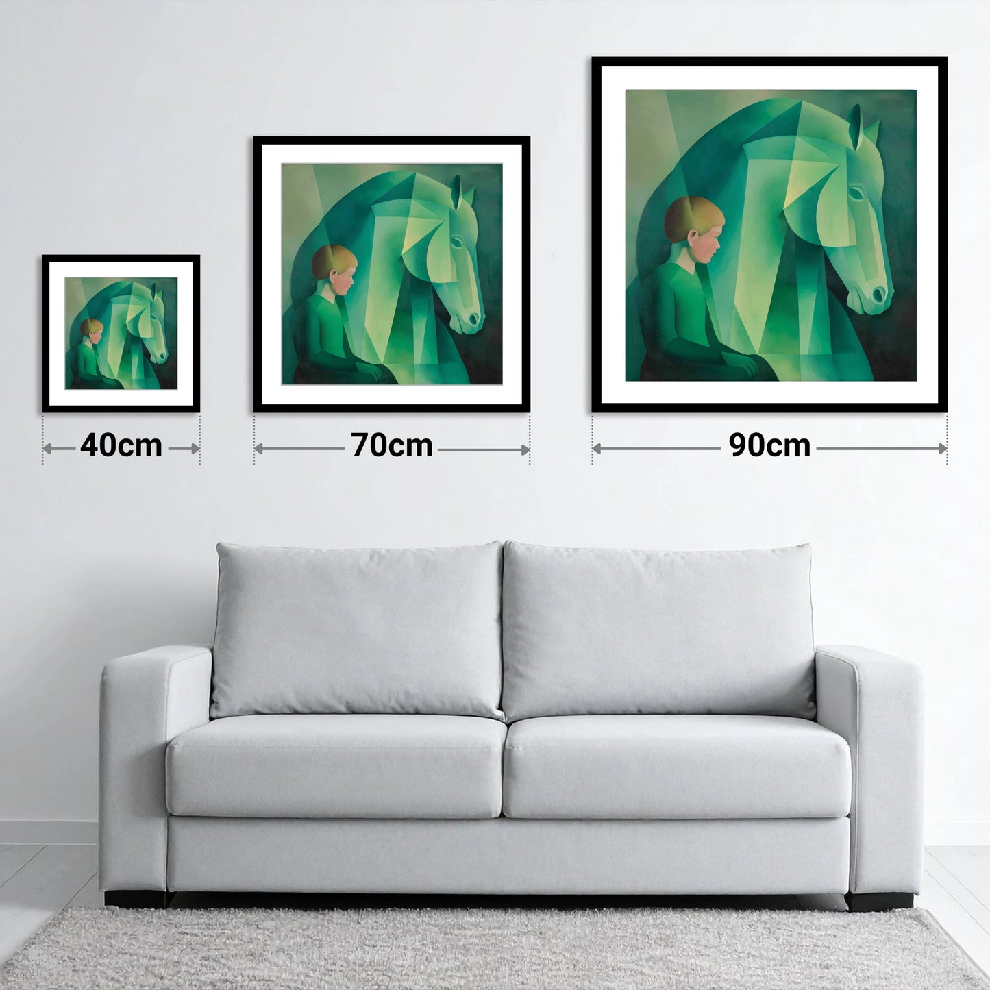 Emerald Equine Connection - size guide showing 40cm, 70cm and 90cm art prints
