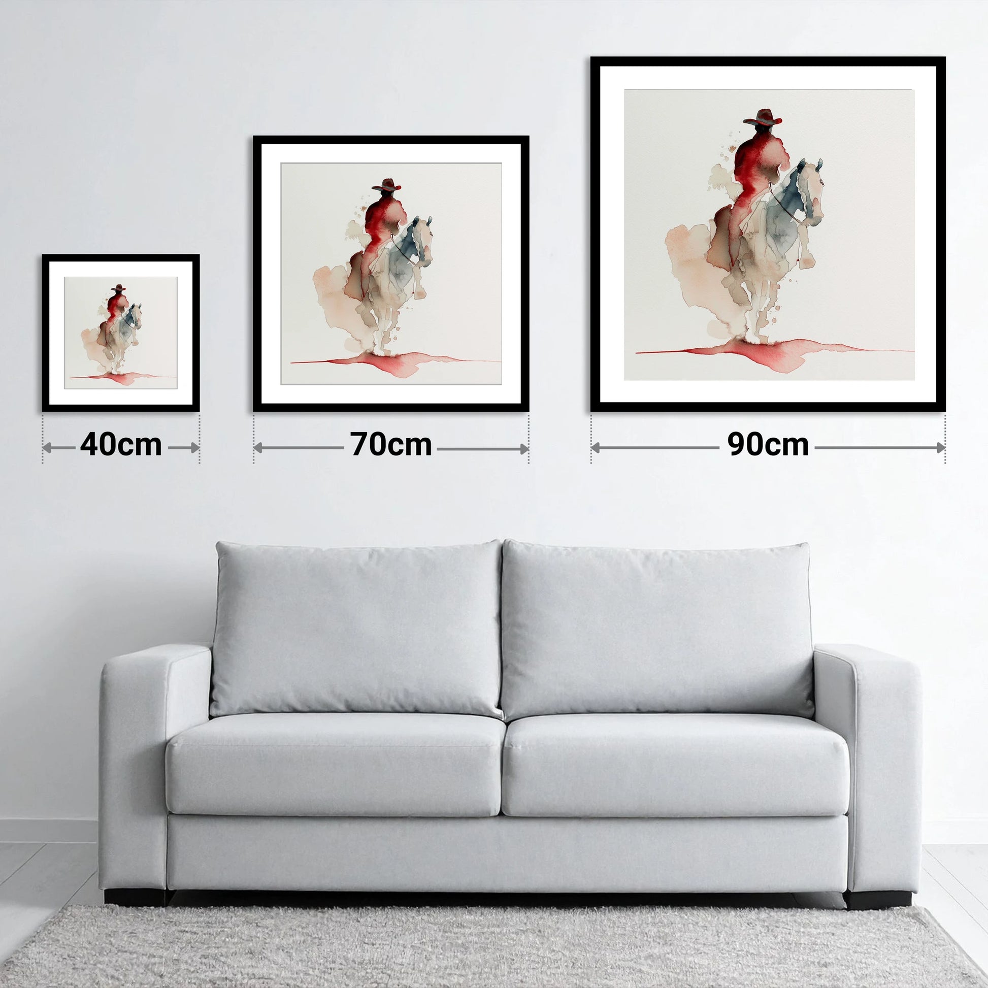 Crimson Trail Rider - size guide showing 40cm, 70cm and 90cm art prints