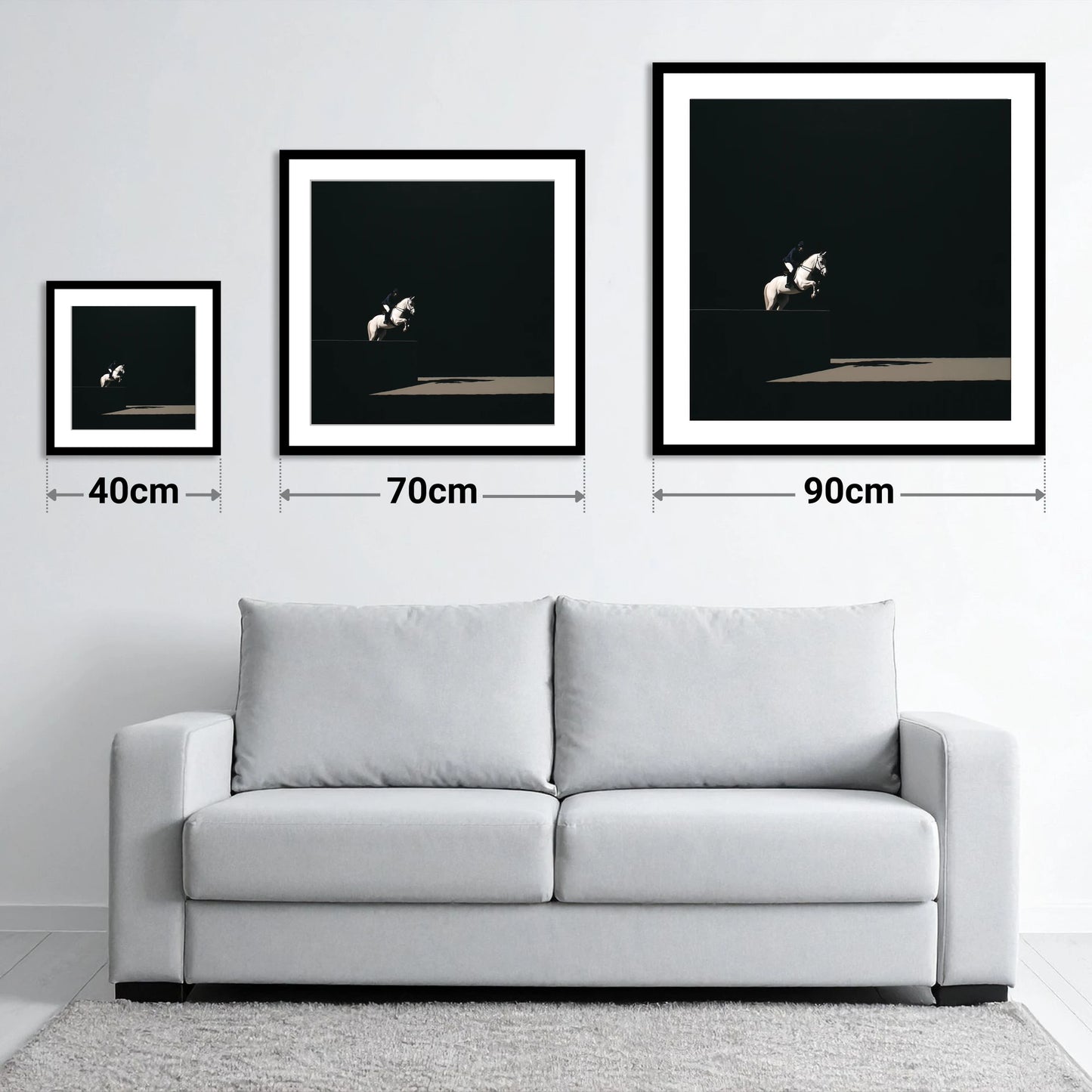 Suspended in Obsidian - size guide showing 40cm, 70cm and 90cm art prints