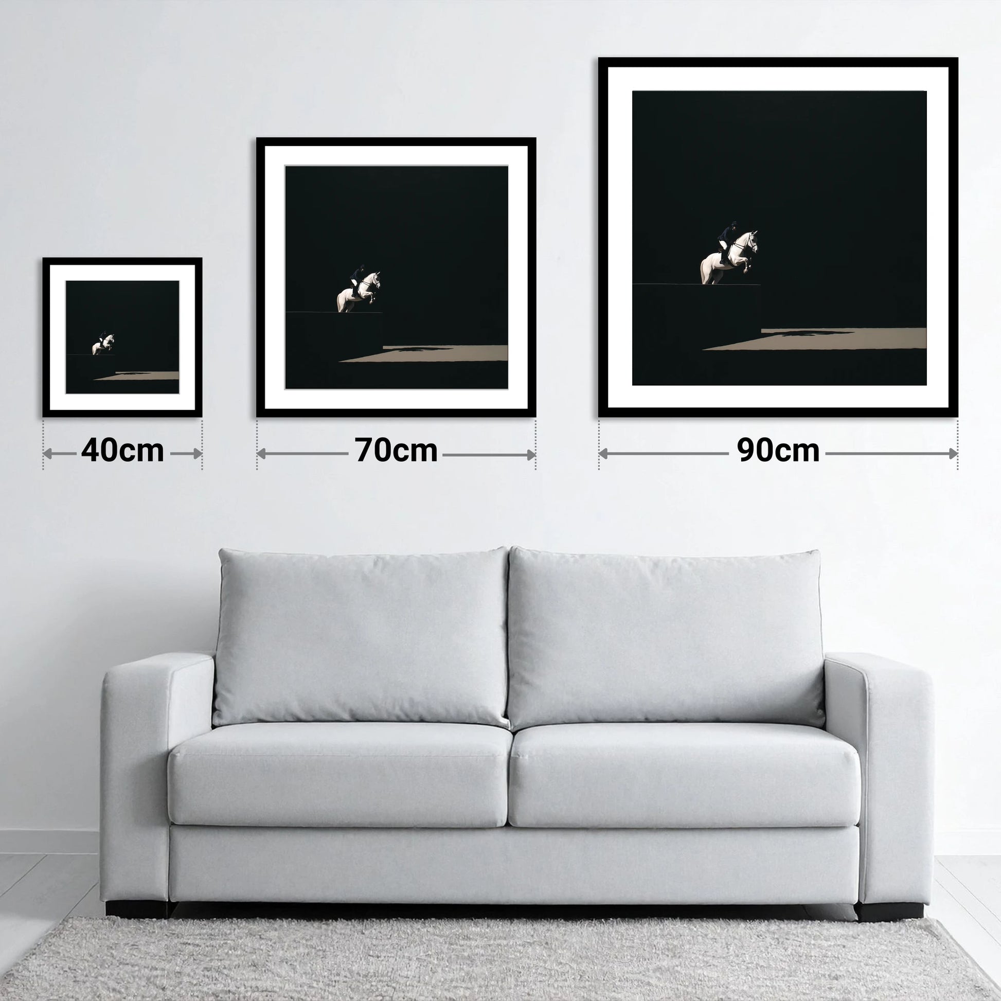 Suspended in Obsidian - size guide showing 40cm, 70cm and 90cm art prints