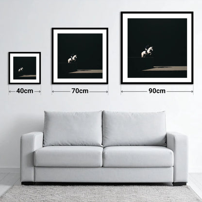 Suspended in Obsidian - size guide showing 40cm, 70cm and 90cm art prints