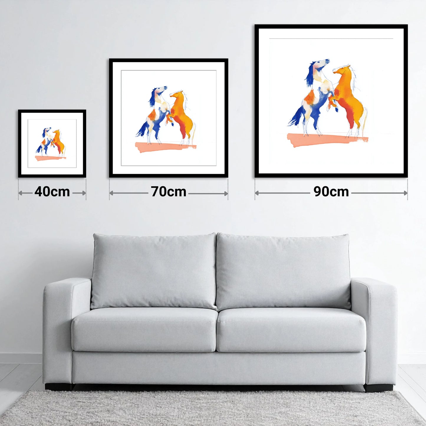 Clash of Colours - size guide showing 40cm, 70cm and 90cm art prints