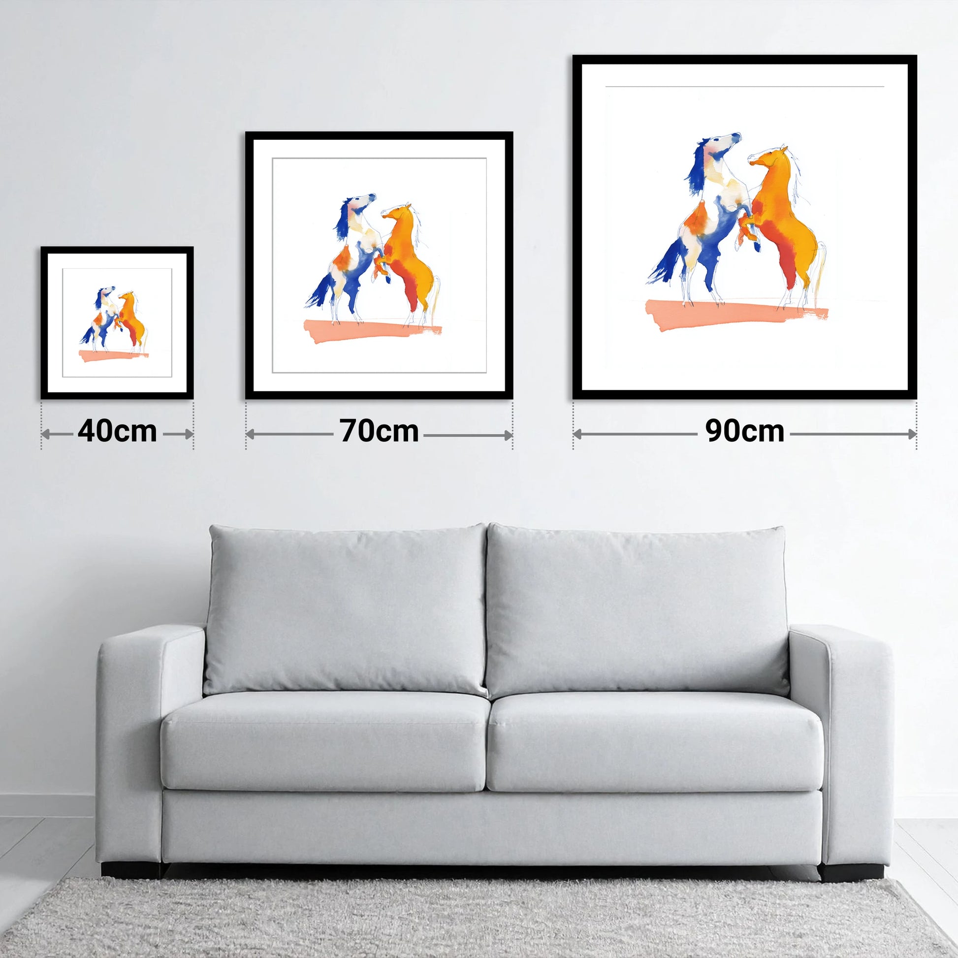 Clash of Colours - size guide showing 40cm, 70cm and 90cm art prints
