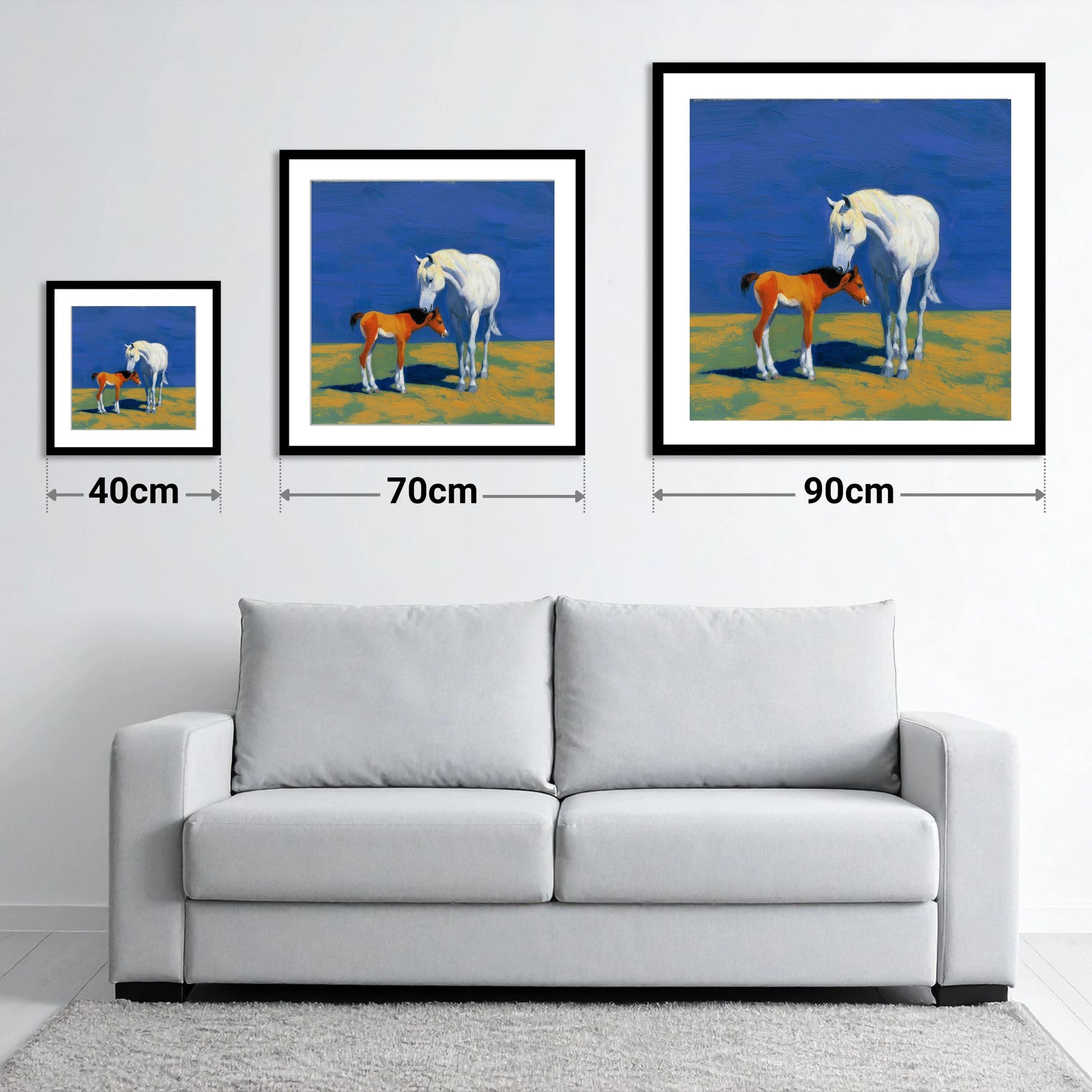 Sunlit Bond - size guide showing 40cm, 70cm and 90cm art prints