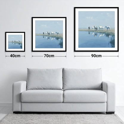 Reflections in Blue - size guide showing 40cm, 70cm and 90cm art prints