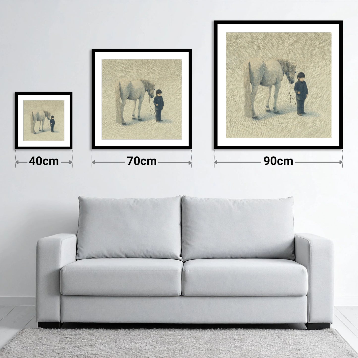 A Quiet Understanding - size guide showing 40cm, 70cm and 90cm art prints