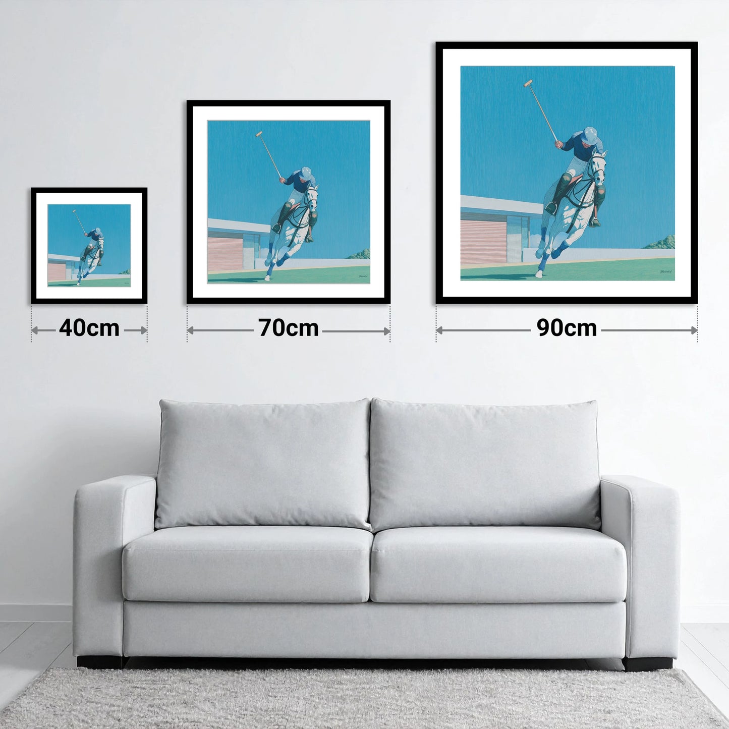 The Azure Chukka - size guide showing 40cm, 70cm and 90cm art prints