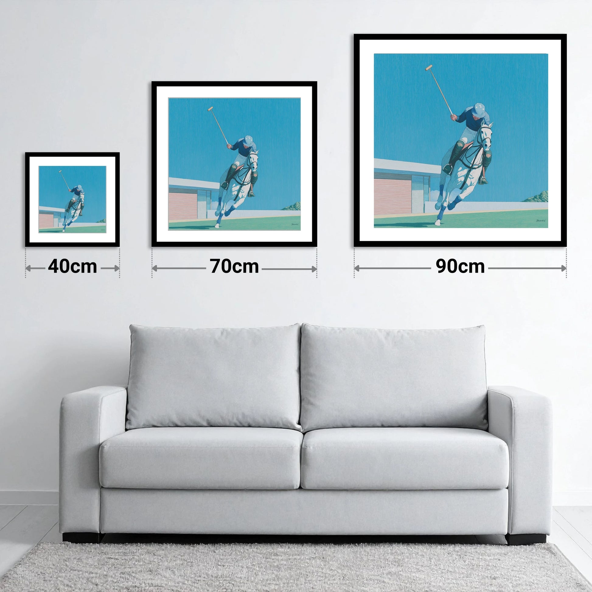 The Azure Chukka - size guide showing 40cm, 70cm and 90cm art prints