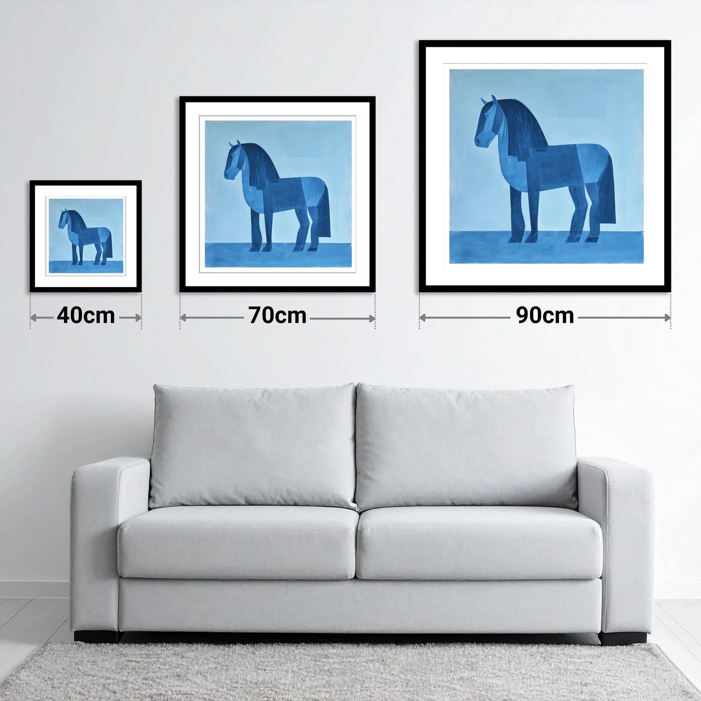 Geometric Blue Heavy Horse - size guide showing 40cm, 70cm and 90cm art prints