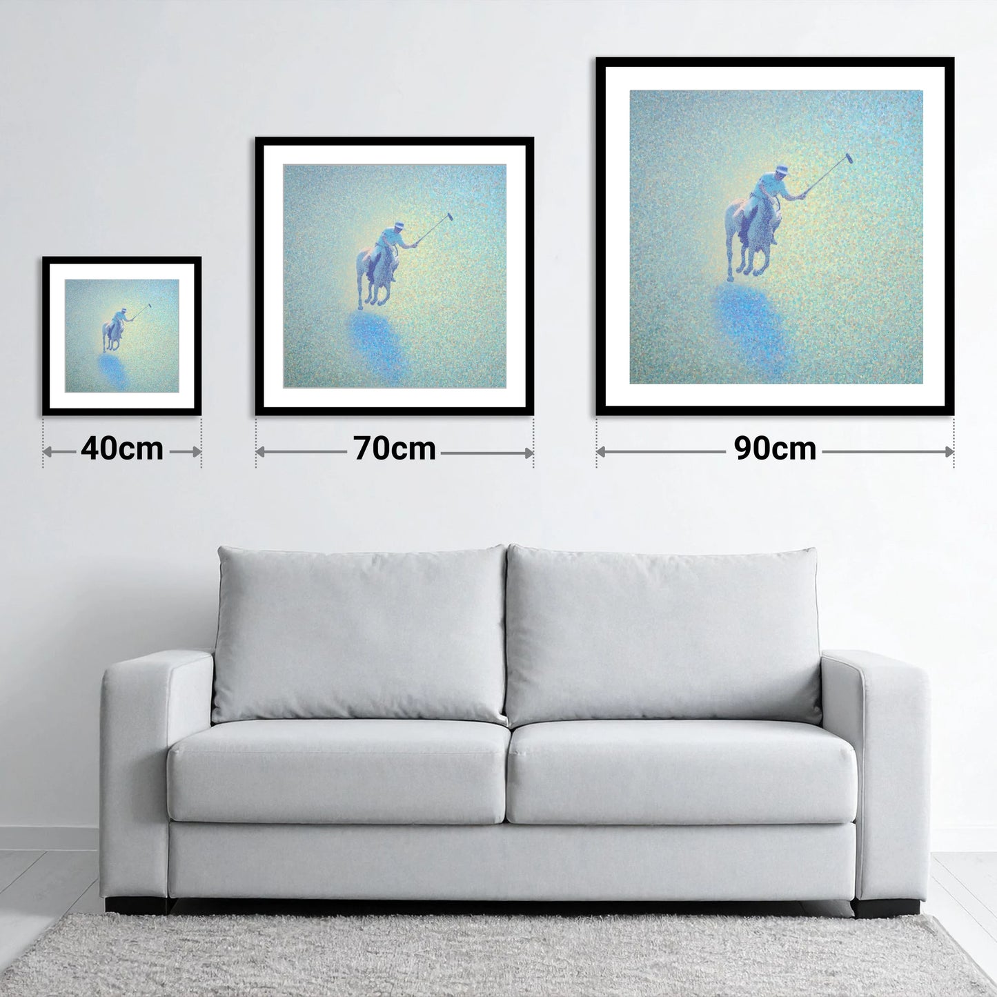 Ethereal Polo Chukka - size guide showing 40cm, 70cm and 90cm art prints