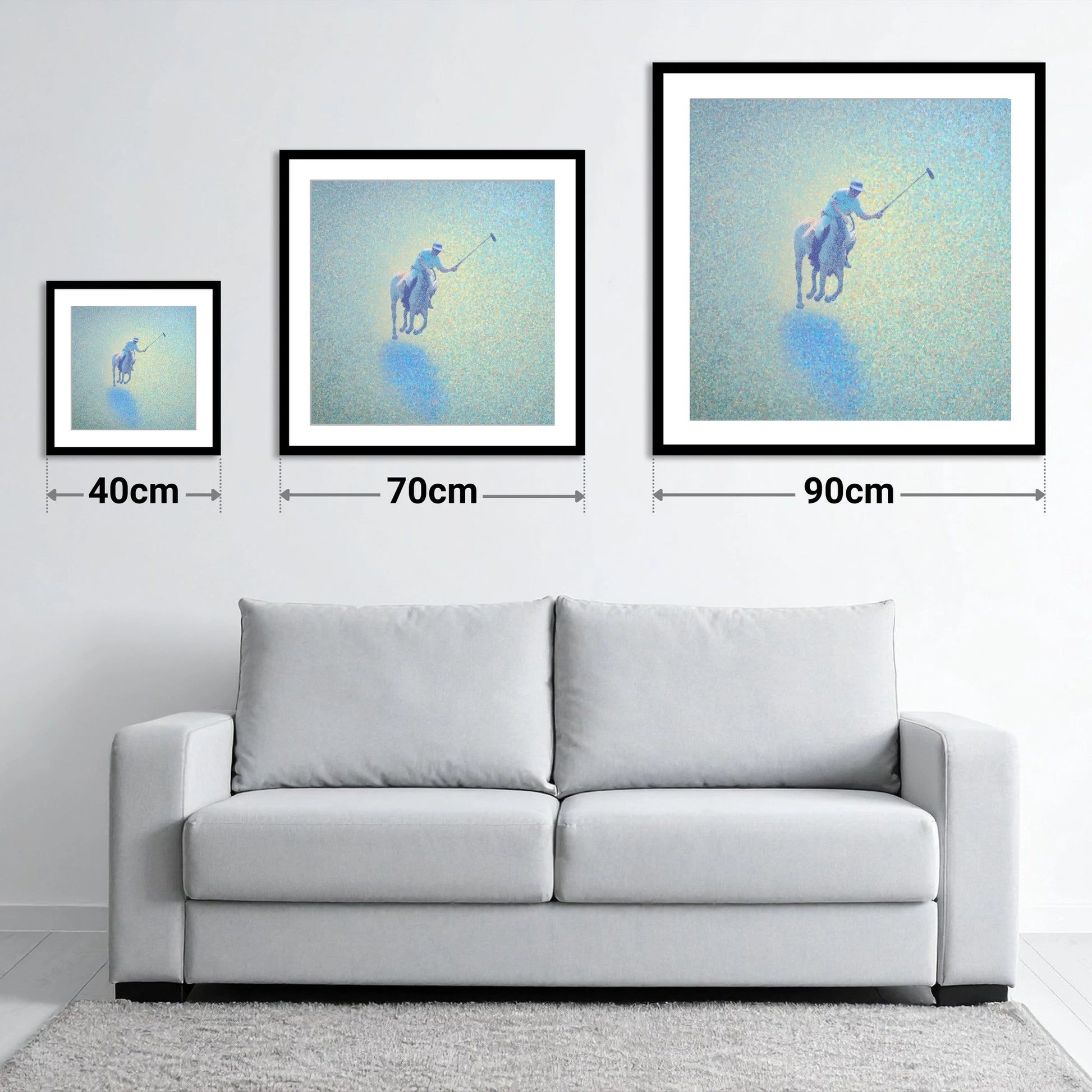 Ethereal Polo Chukka - size guide showing 40cm, 70cm and 90cm art prints