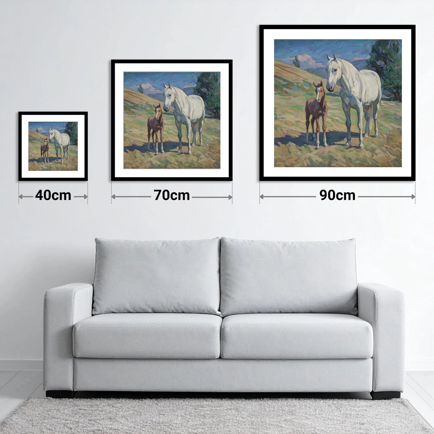 The Gentle Guardian - size guide showing 40cm, 70cm and 90cm art prints