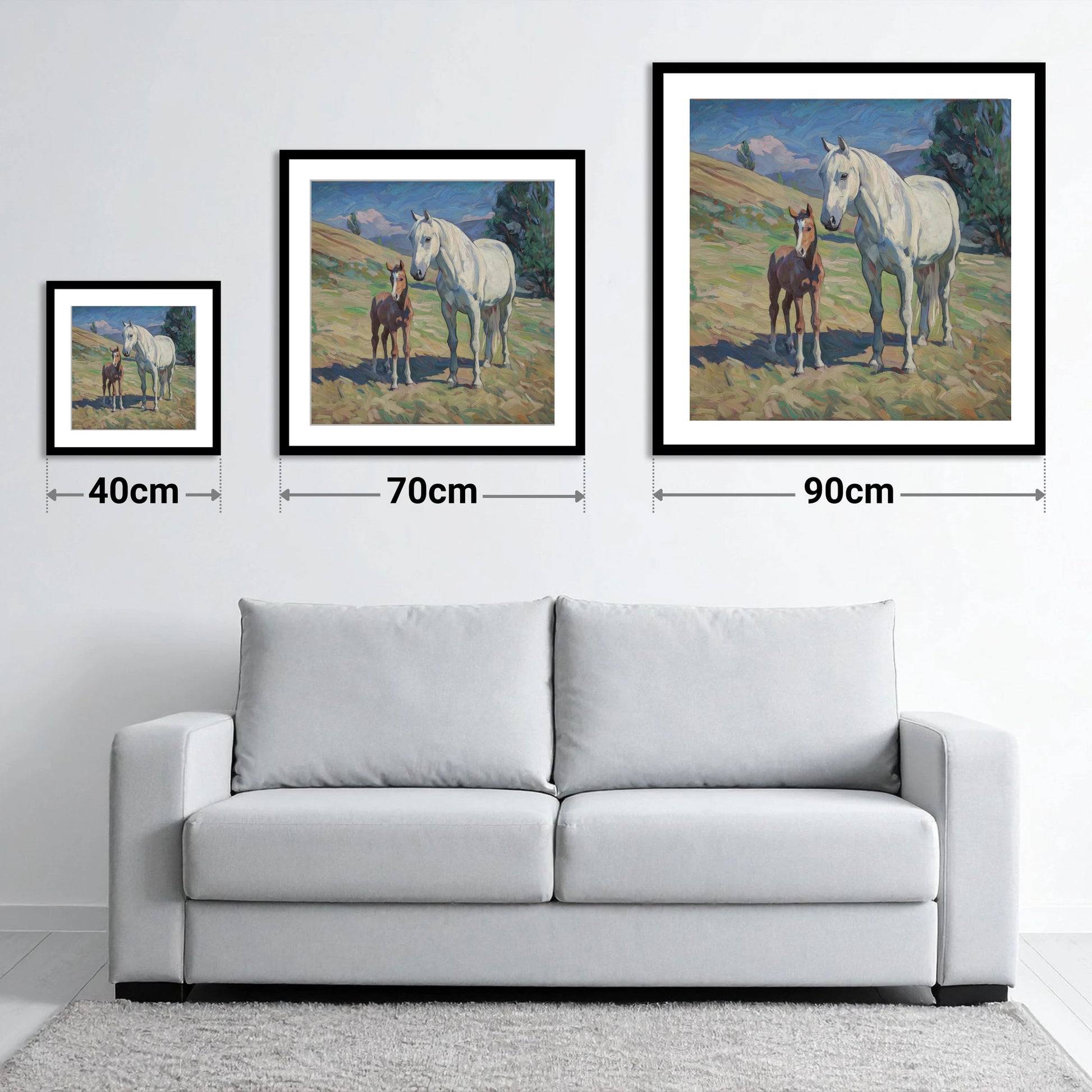 The Gentle Guardian - size guide showing 40cm, 70cm and 90cm art prints