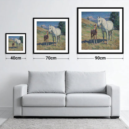 The Gentle Guardian - size guide showing 40cm, 70cm and 90cm art prints