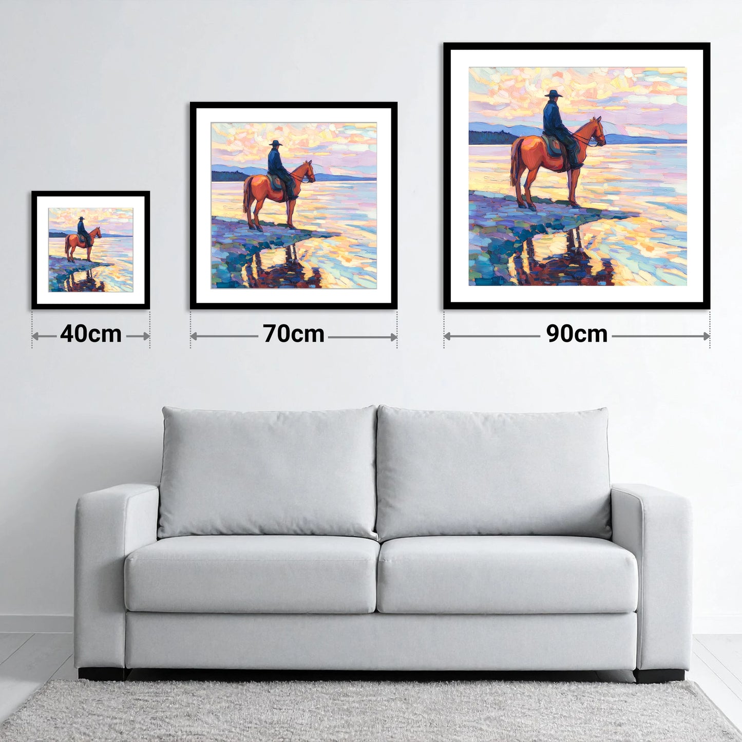 Solitary Sunset Ride - size guide showing 40cm, 70cm and 90cm art prints
