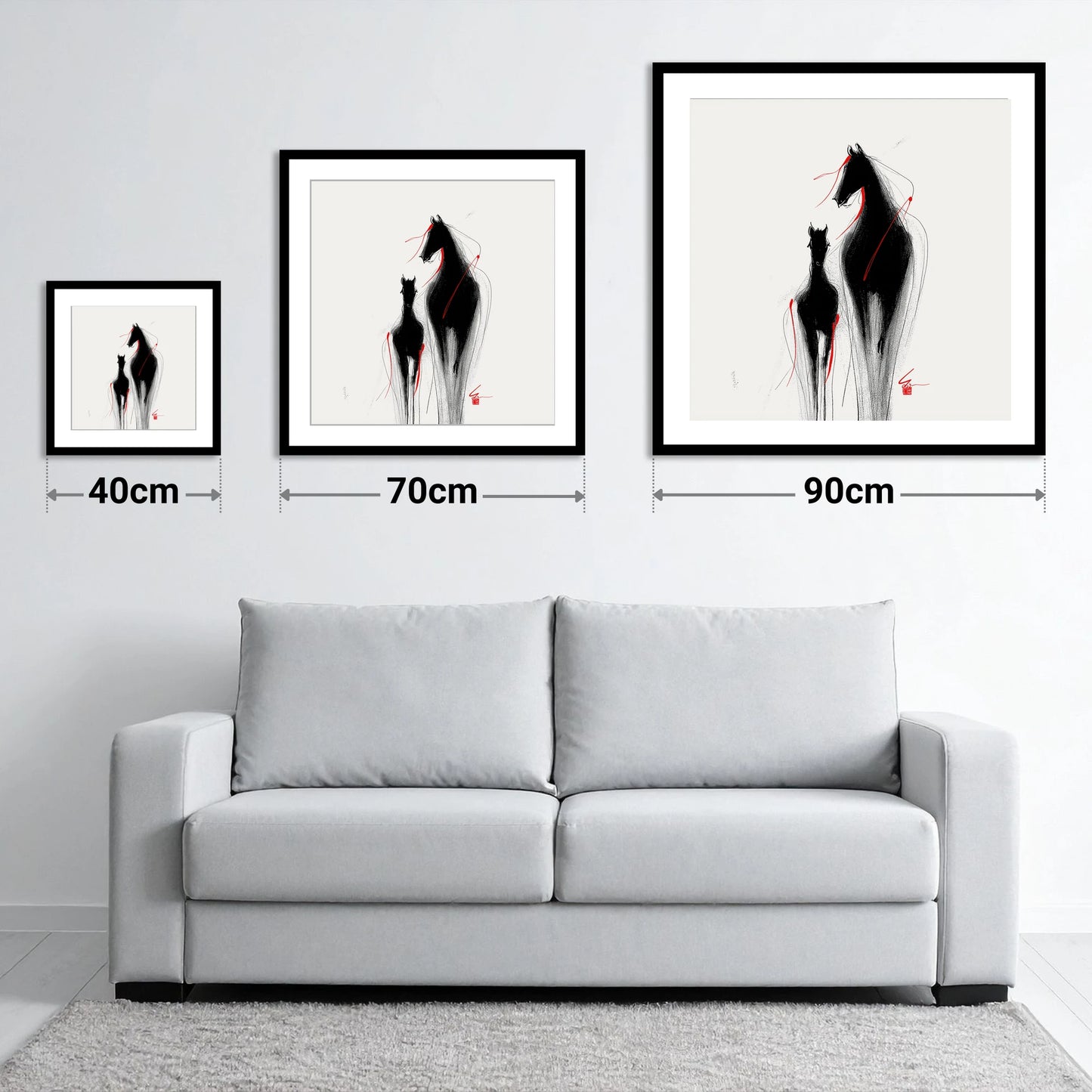 Crimson Threads - size guide showing 40cm, 70cm and 90cm art prints