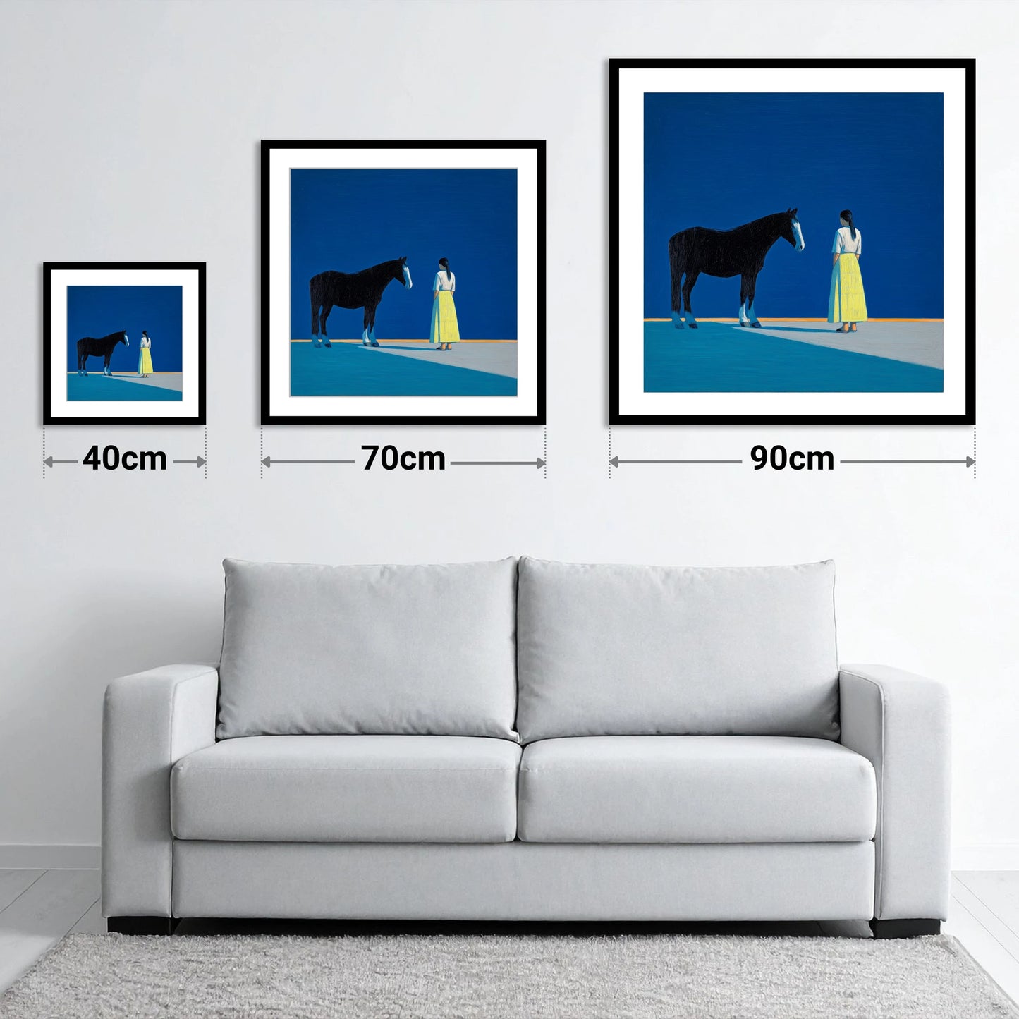 The Meeting Place - size guide showing 40cm, 70cm and 90cm art prints
