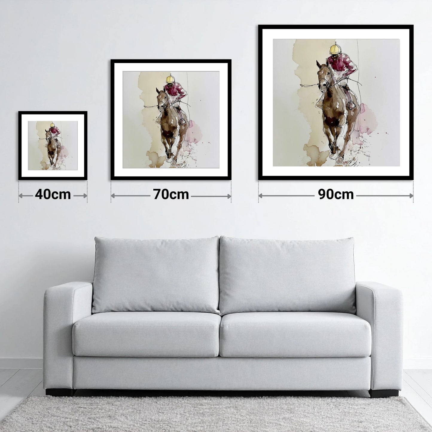Furlong Flow in Burgundy - size guide showing 40cm, 70cm and 90cm art prints
