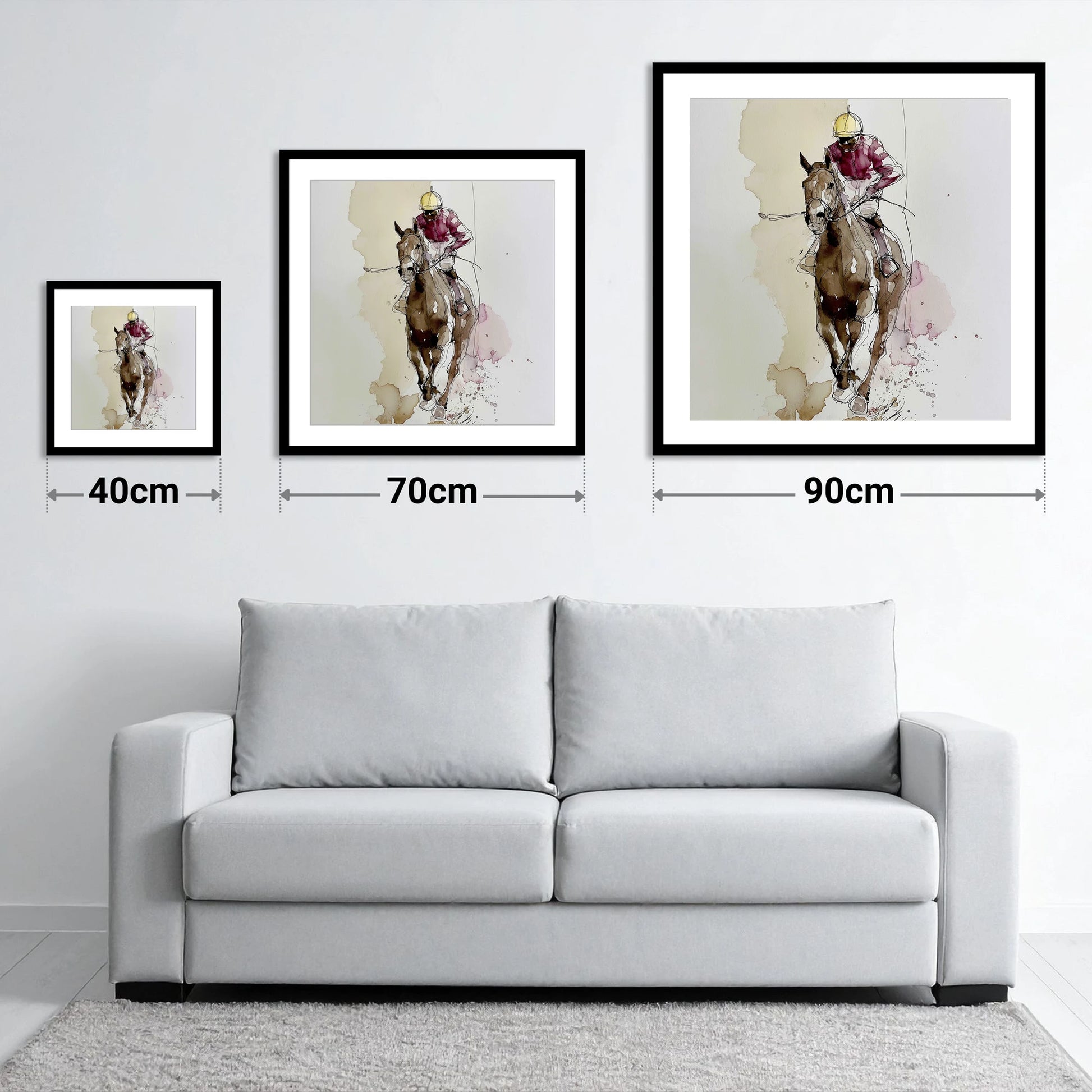 Furlong Flow in Burgundy - size guide showing 40cm, 70cm and 90cm art prints