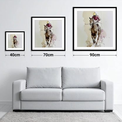 Furlong Flow in Burgundy - size guide showing 40cm, 70cm and 90cm art prints