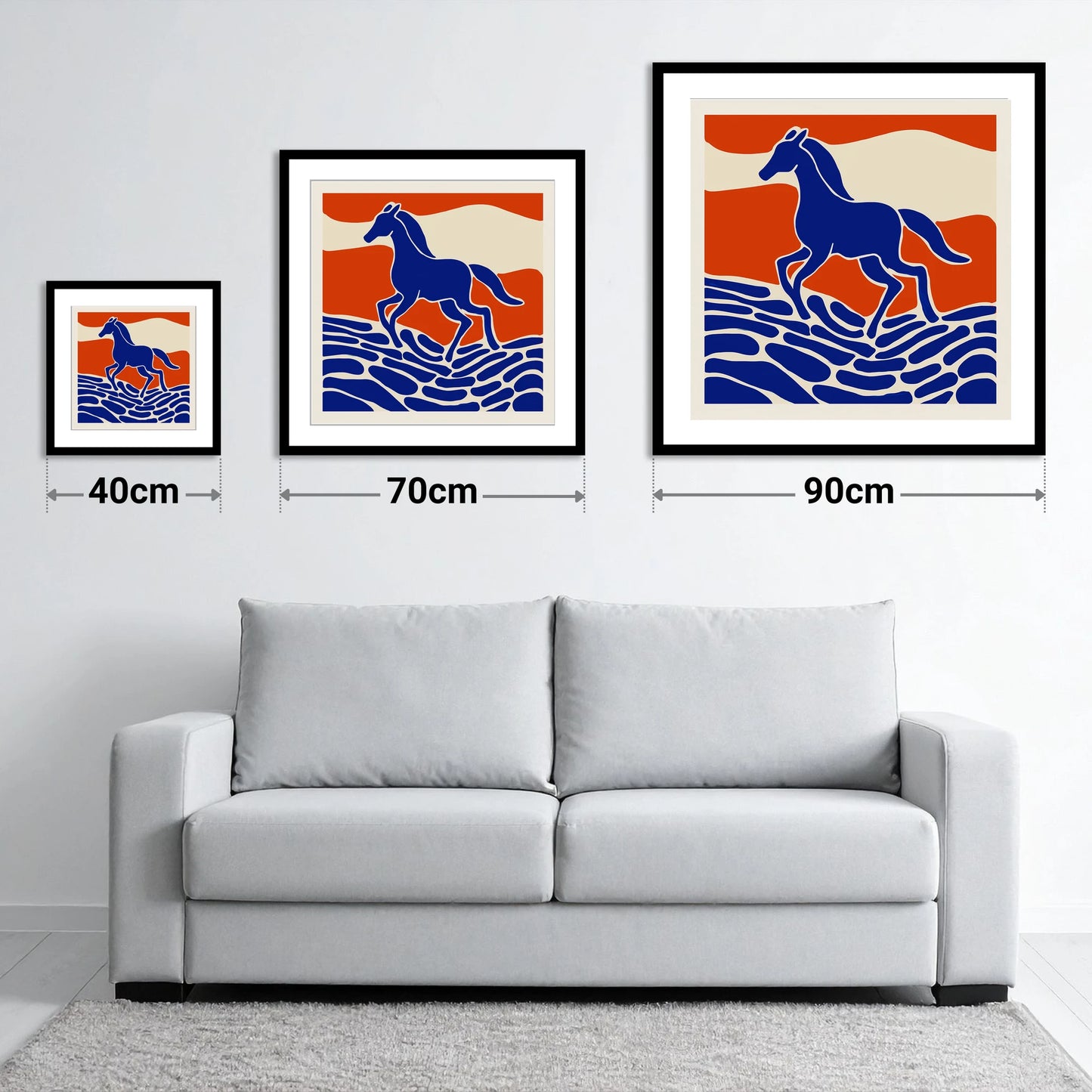 Cobalt Spirit Across the Plains - size guide showing 40cm, 70cm and 90cm art prints