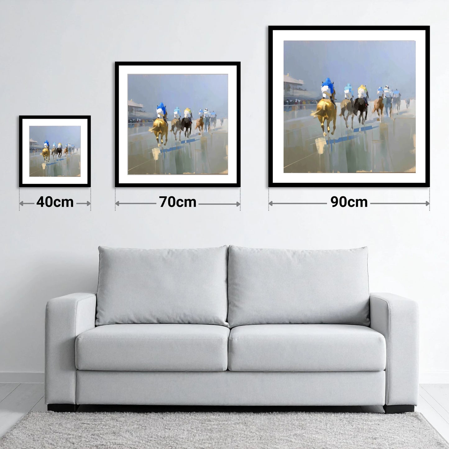 Into the Mist - size guide showing 40cm, 70cm and 90cm art prints