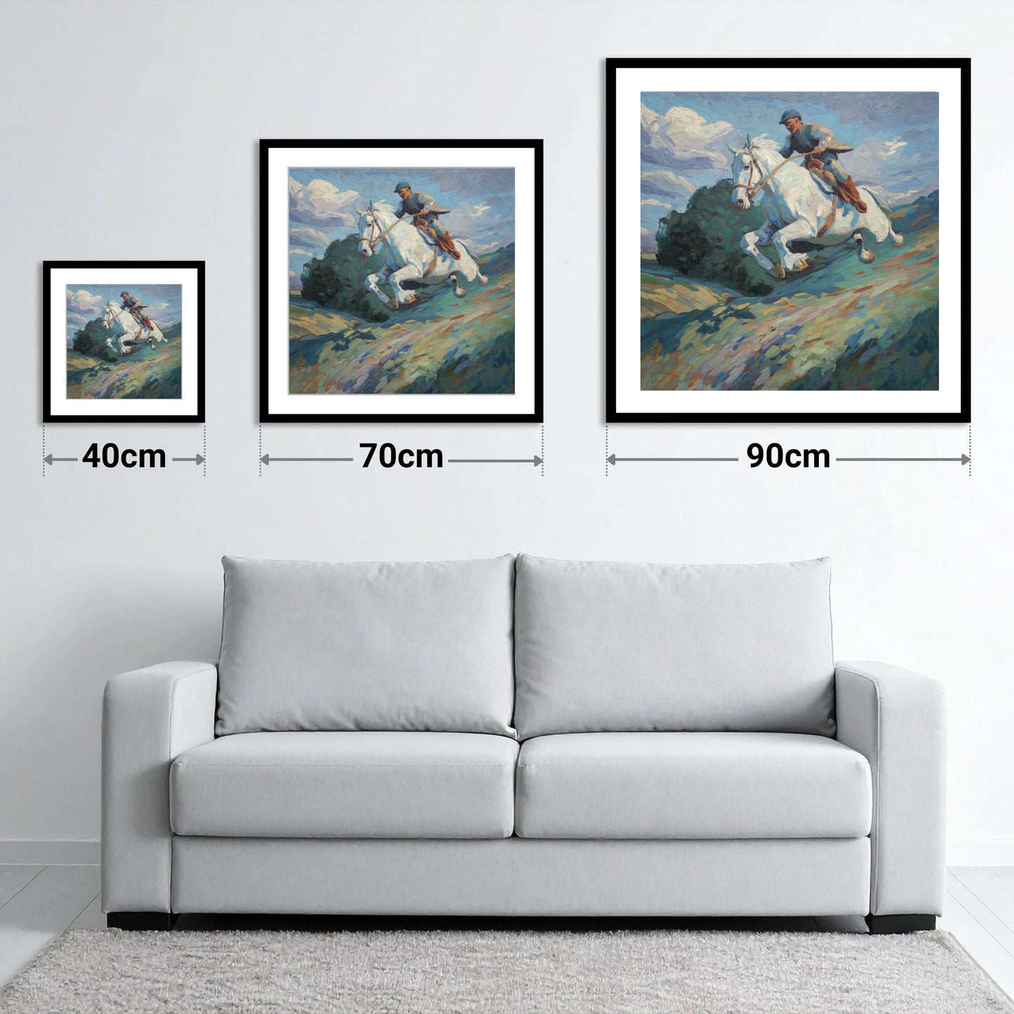 The Boundless Leap - size guide showing 40cm, 70cm and 90cm art prints