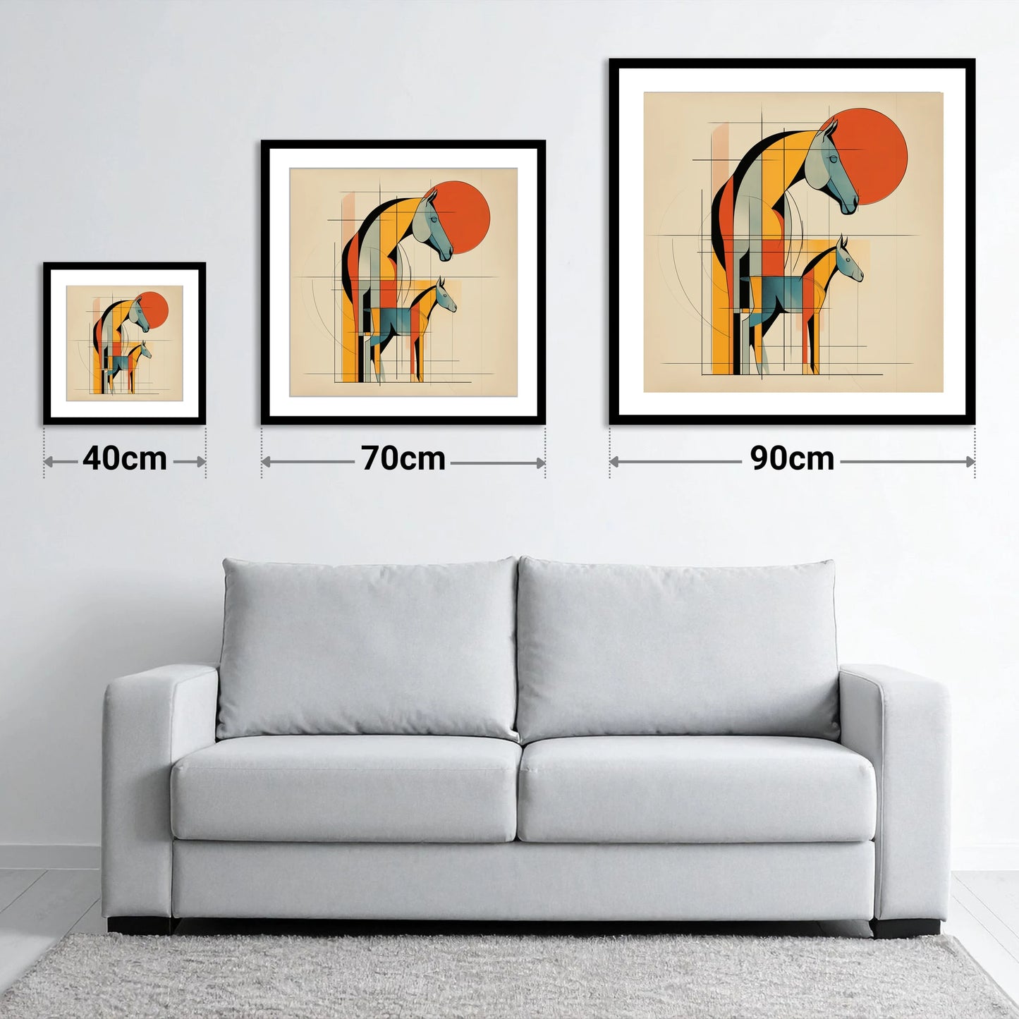 Structured Equine Harmony - size guide showing 40cm, 70cm and 90cm art prints
