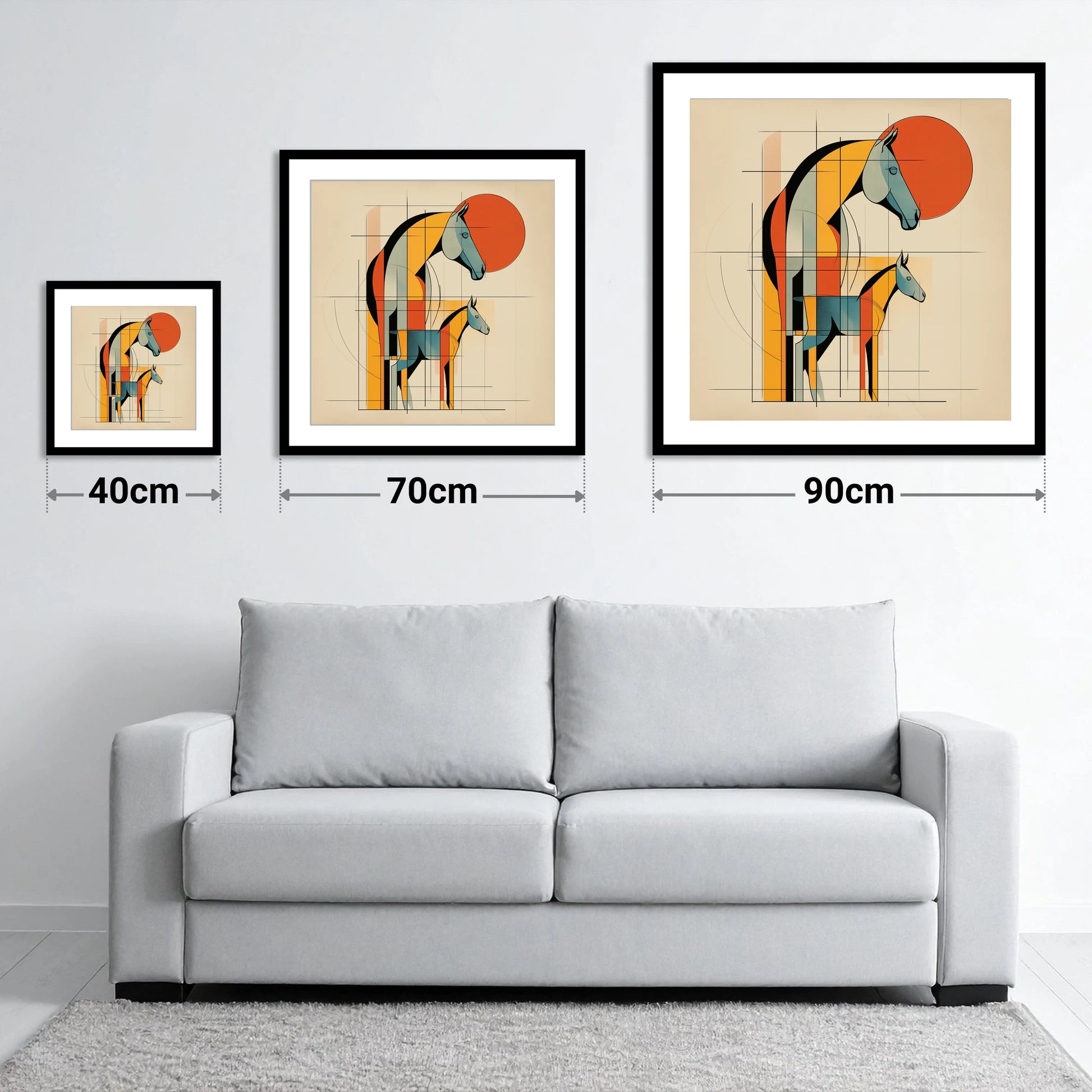 Structured Equine Harmony - size guide showing 40cm, 70cm and 90cm art prints