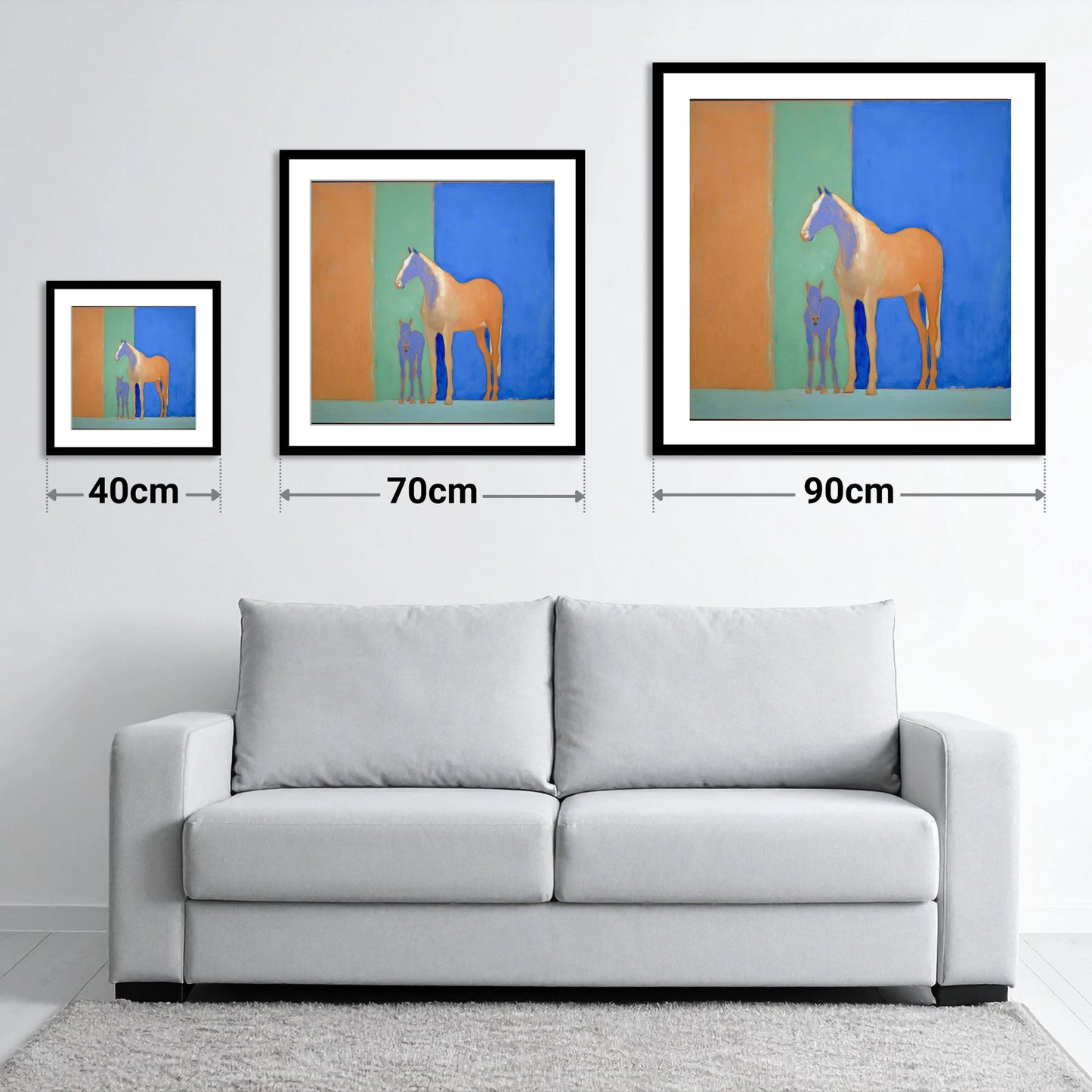 Cobalt and Sand - size guide showing 40cm, 70cm and 90cm art prints