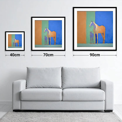 Cobalt and Sand - size guide showing 40cm, 70cm and 90cm art prints
