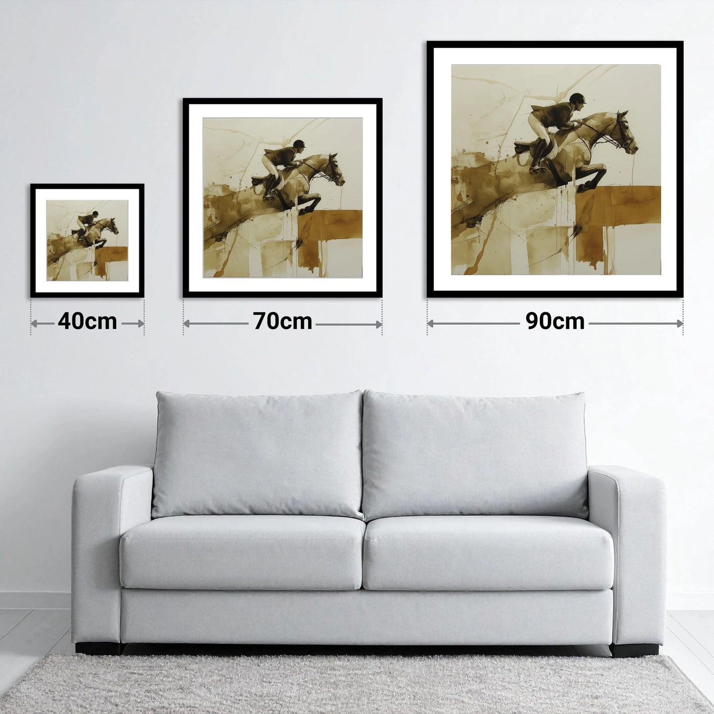 Fluidity in Flight - size guide showing 40cm, 70cm and 90cm art prints