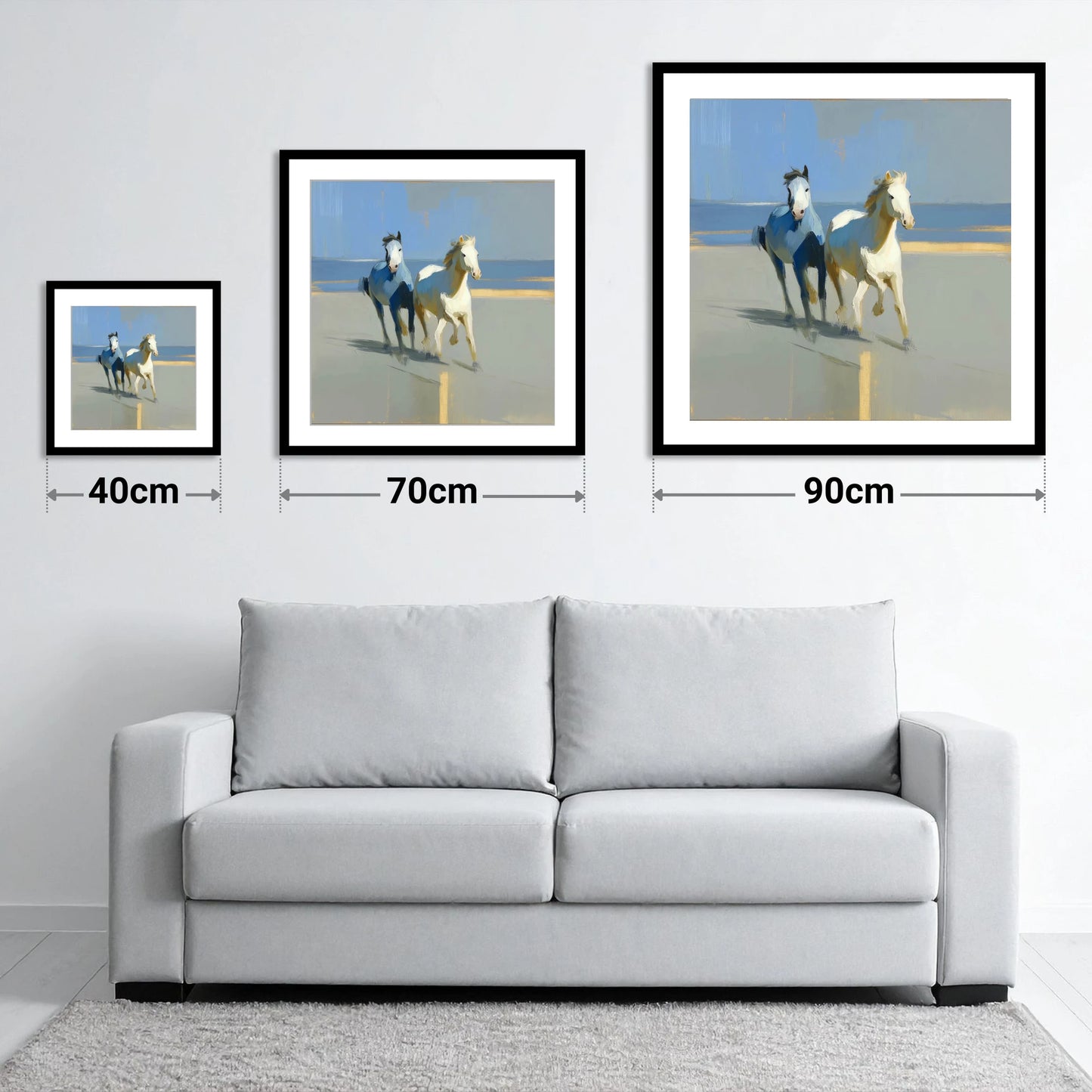 Sunlit Coastal Canter - size guide showing 40cm, 70cm and 90cm art prints