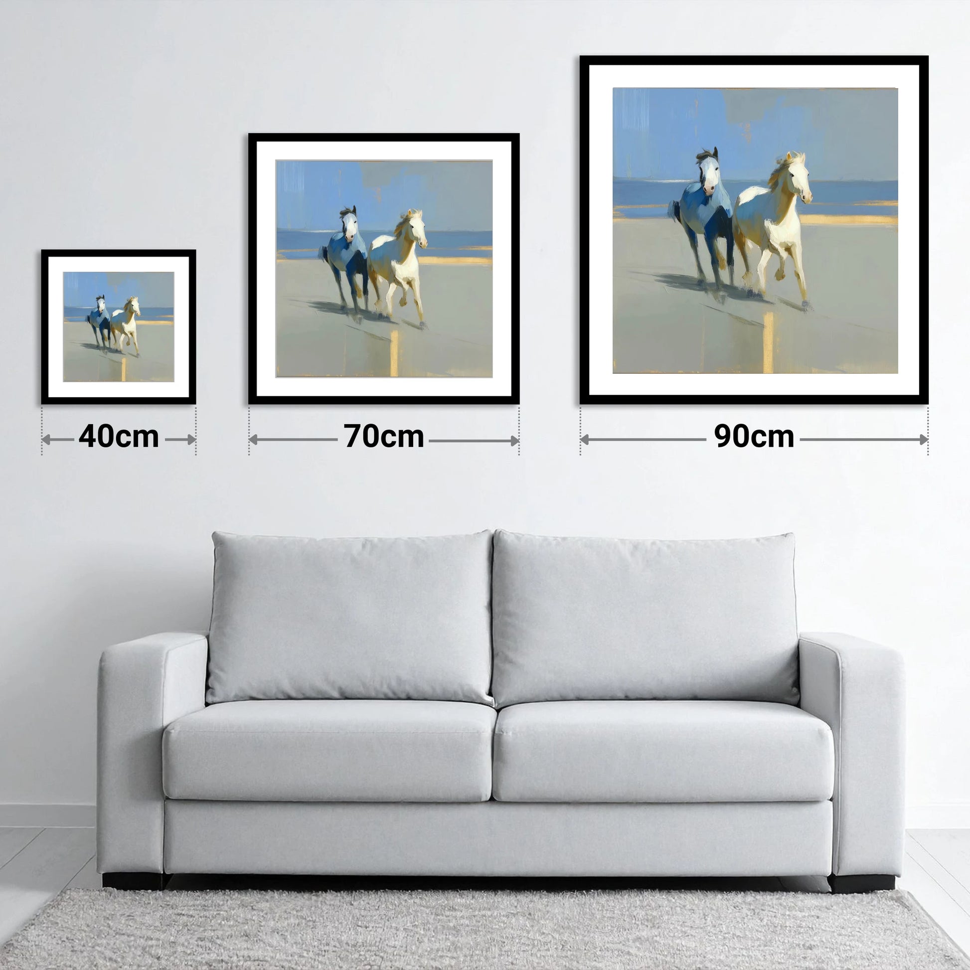 Sunlit Coastal Canter - size guide showing 40cm, 70cm and 90cm art prints