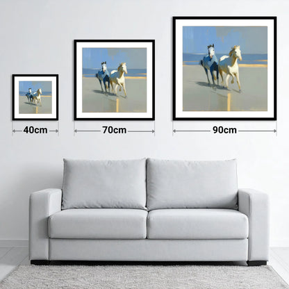 Sunlit Coastal Canter - size guide showing 40cm, 70cm and 90cm art prints