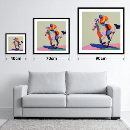 Technicolour Sprint - size guide showing 40cm, 70cm and 90cm art prints