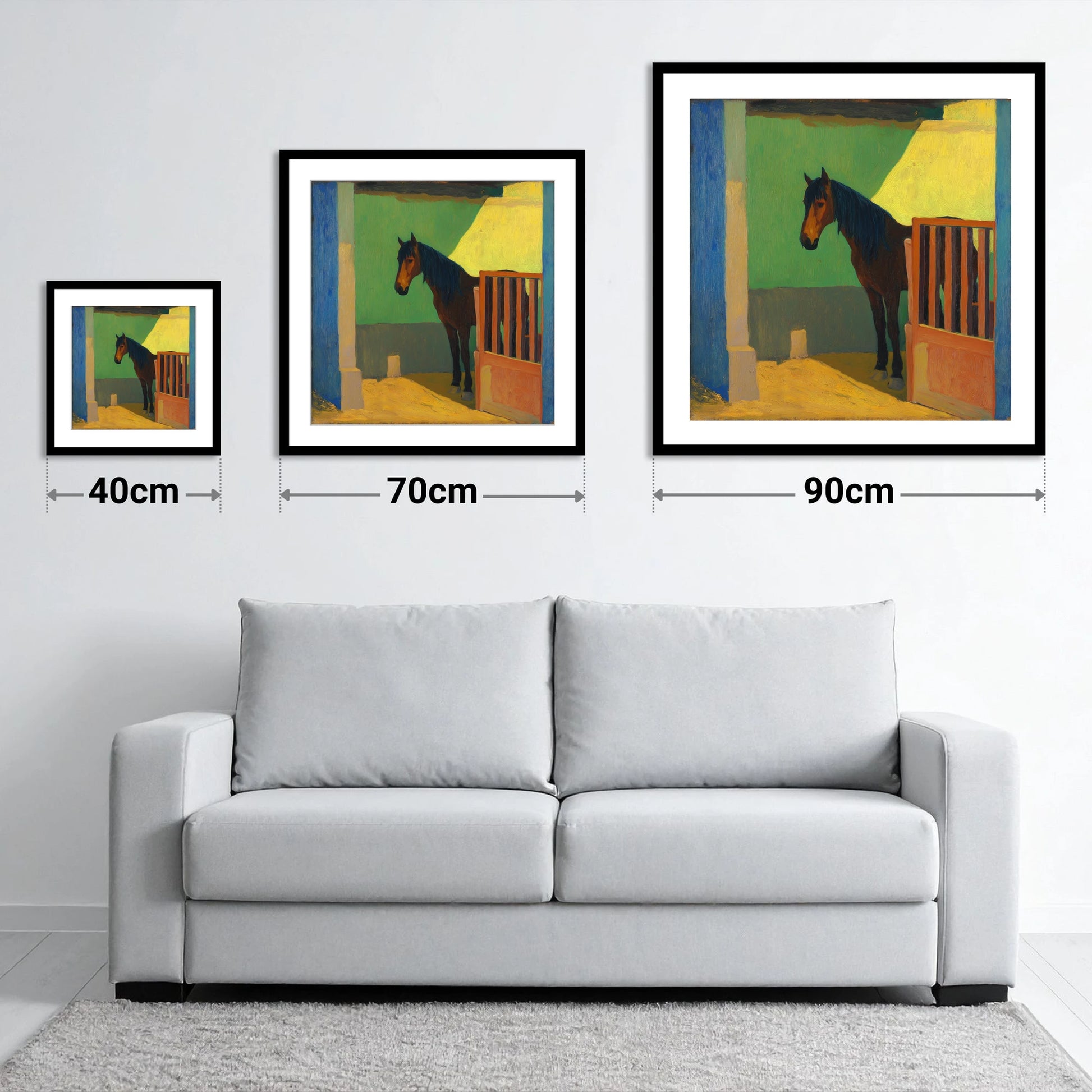 Vibrant Stable Light - size guide showing 40cm, 70cm and 90cm art prints