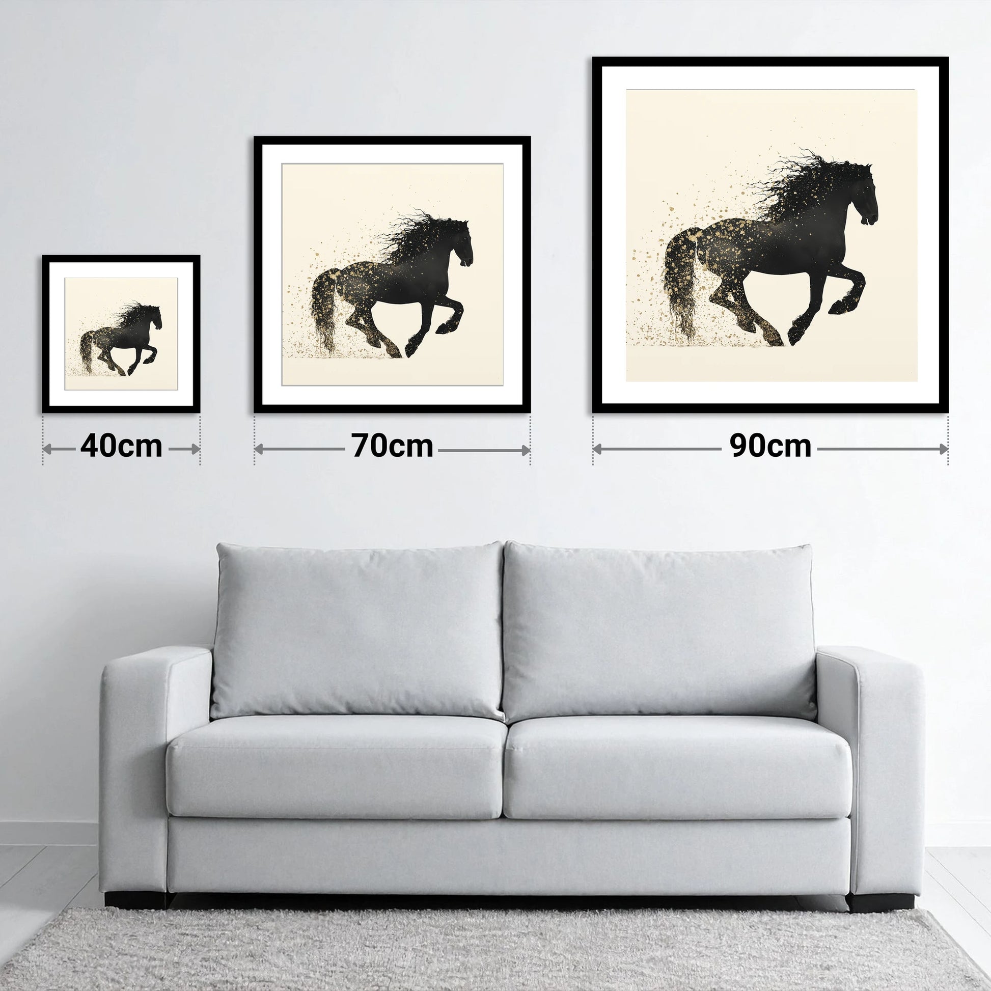 Midnight Gold Friesian - size guide showing 40cm, 70cm and 90cm art prints