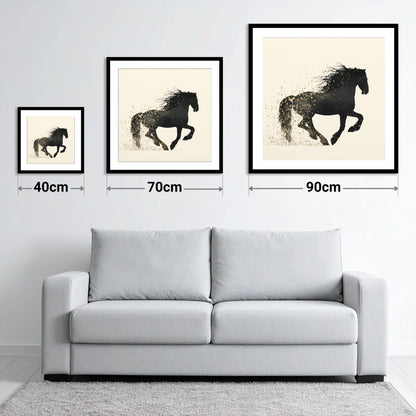 Midnight Gold Friesian - size guide showing 40cm, 70cm and 90cm art prints